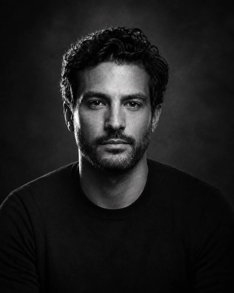 Black-and-white cinematic portrait